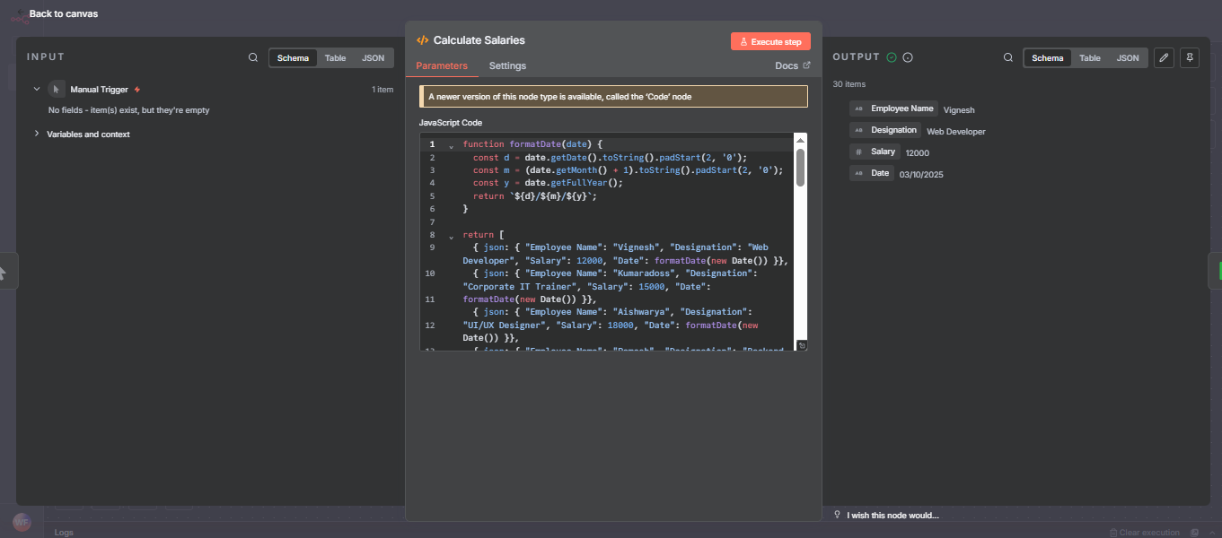 n8n Calculate Salaries node with JavaScript code showing formatDate function and employee data processing