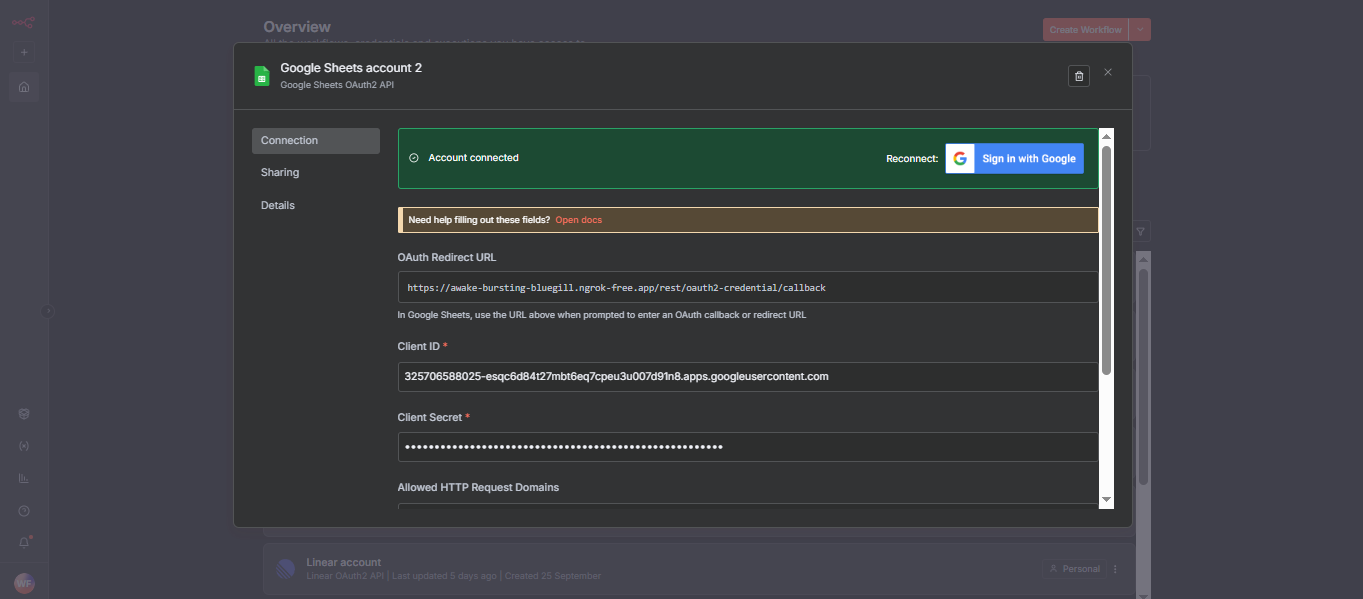 Google Sheets OAuth2 API connection interface with client ID and reconnect options
