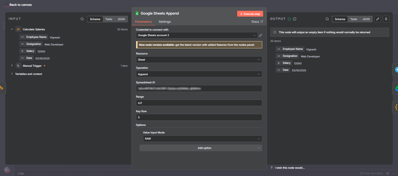 n8n Google Sheets Append node configuration with spreadsheet ID range and RAW value input mode