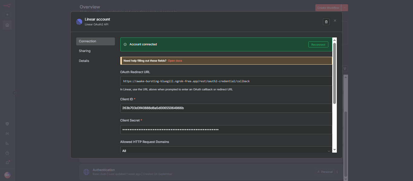 Linear account OAuth2 API connection screen displaying account connected status with client ID secret and redirect URL configuration for n8n workflow