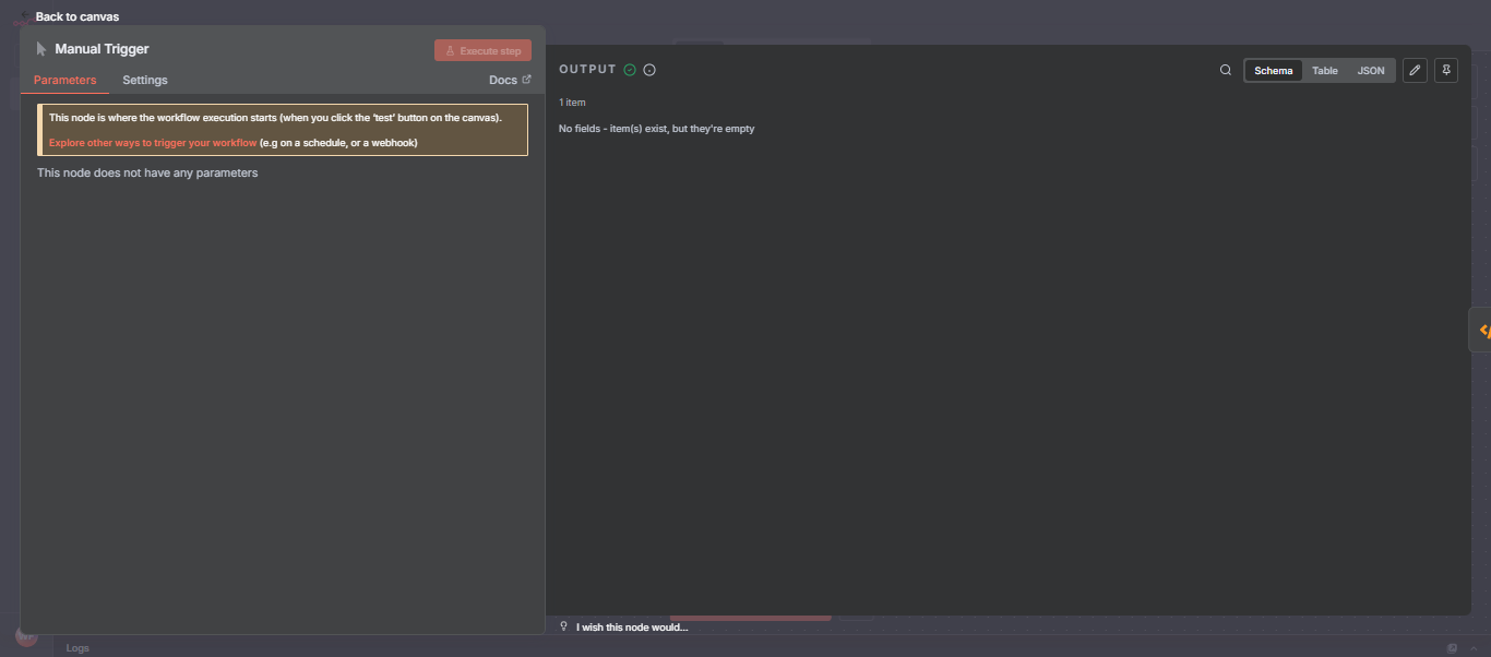n8n Manual Trigger node configuration screen explaining workflow execution start point