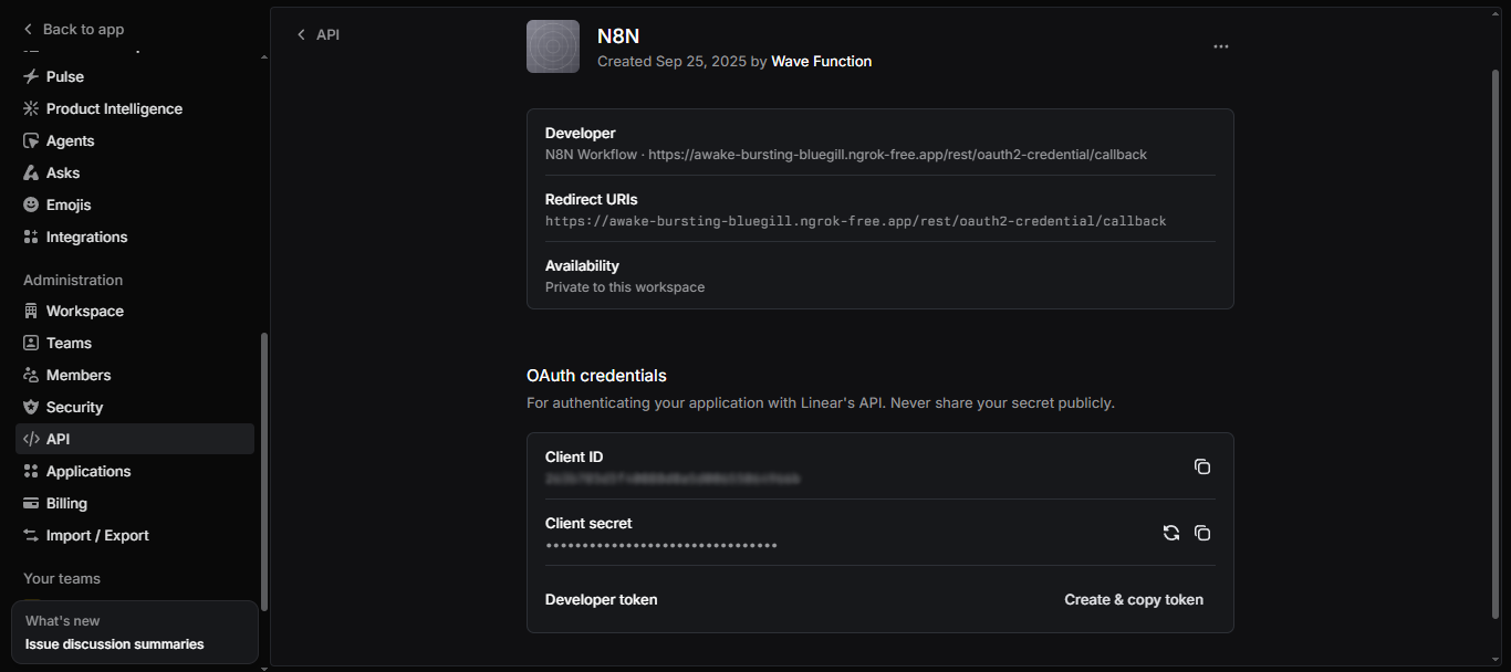 N8N application API settings showing OAuth credentials with client ID client secret developer token and redirect URIs for Linear integration