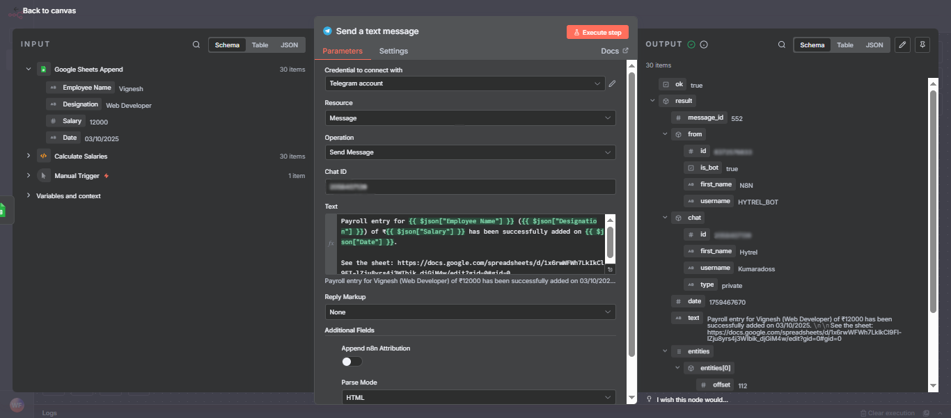 n8n Send a text message node with Telegram integration showing payroll confirmation message and chat ID