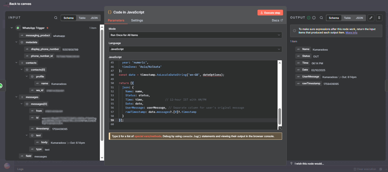 n8n Code in JavaScript node showing employee data table formatting with name designation salary date columns