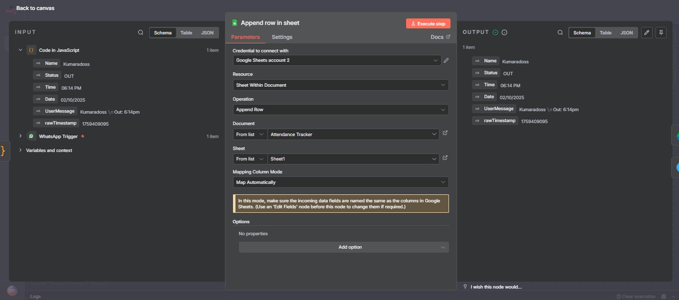 n8n Google Sheets Append node configuration with spreadsheet ID range and RAW value input mode