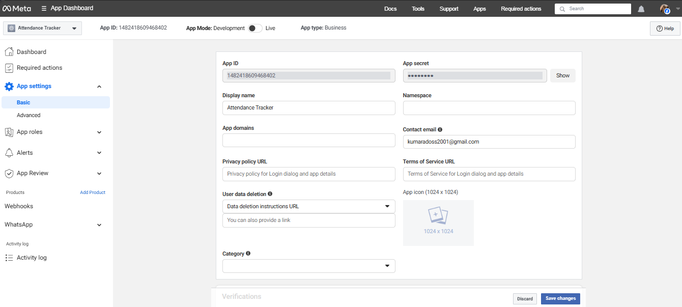 Meta Facebook App Dashboard showing Attendance Tracker WhatsApp Business API settings with App ID App secret contact email and privacy policy URL configuration