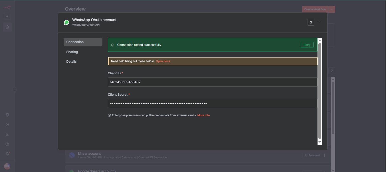 WhatsApp OAuth account in n8n showing connection tested successfully with client ID client secret and enterprise plan credential vault option
