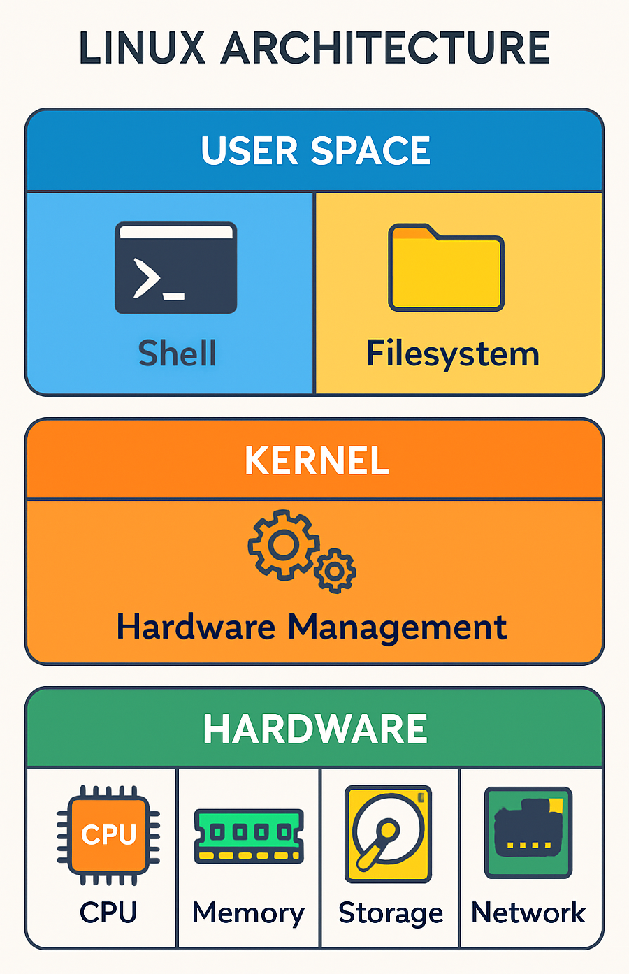 Linux file system architecture showing kernel, shell, and user space layers