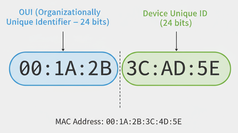 MAC address format showing 48-bit
                        hexadecimal address 00:1A:2B:3C:4D:5E structure