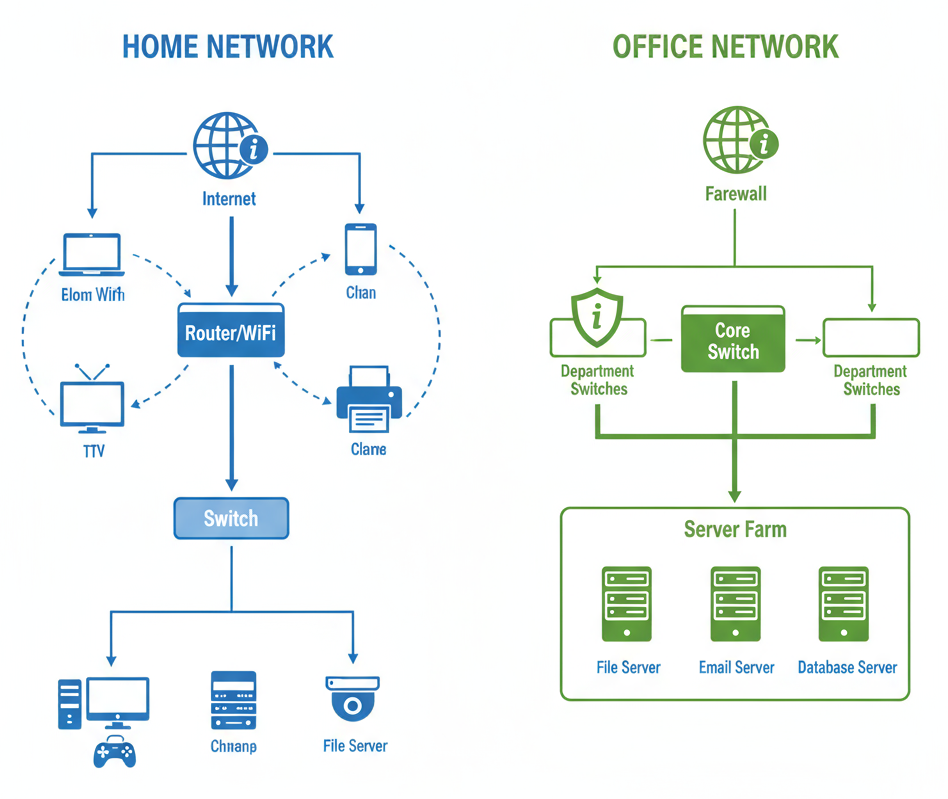 Network topology comparison between a home network (consumer router, WiFi devices, smart TV, basic switch) and an office network (enterprise firewall, core switch, department switches, server farm)