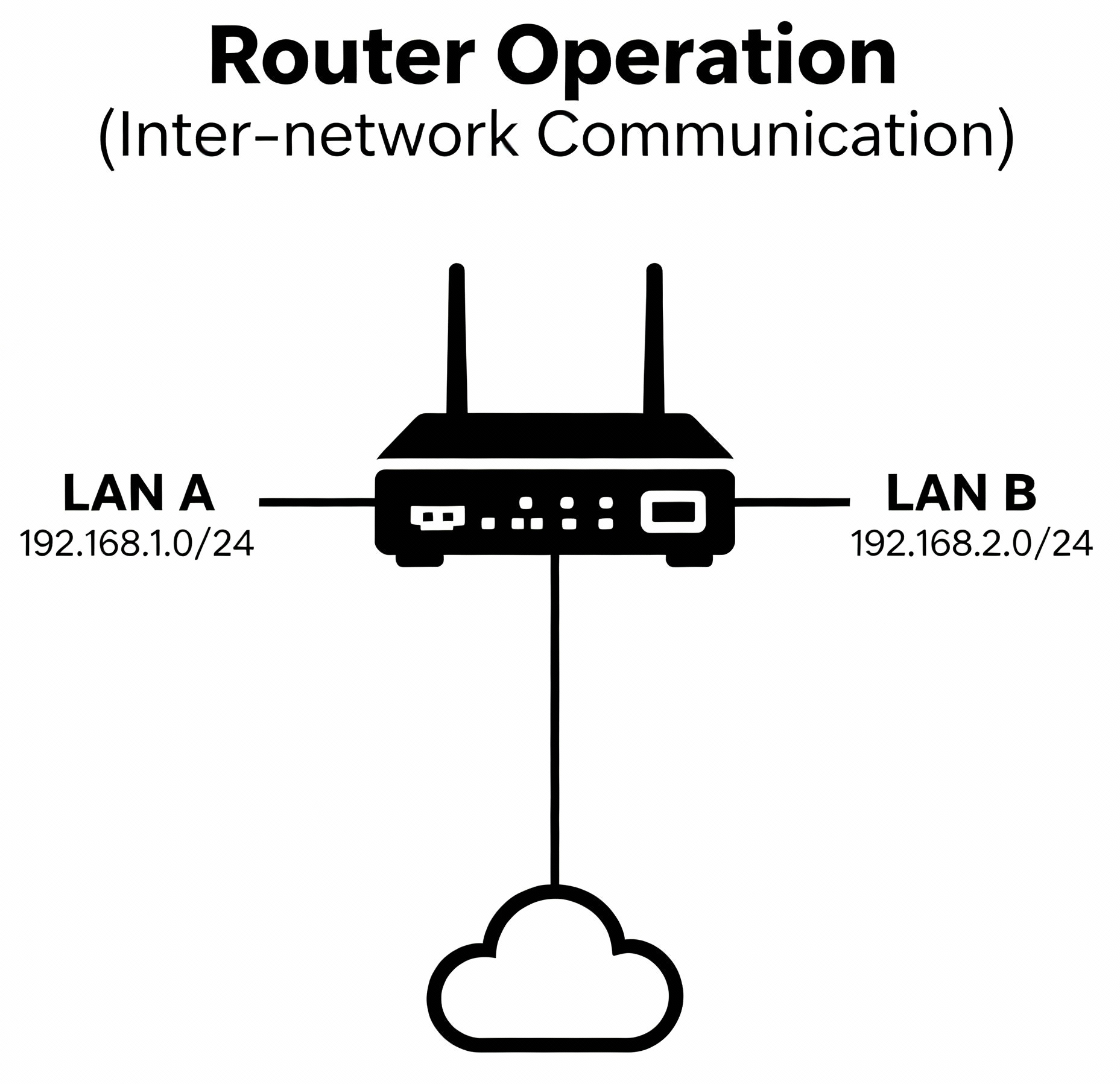 Router operation diagram showing inter-network communication between LAN A (192.168.1.0/24) and LAN B (192.168.2.0/24) connected through central router with cloud internet connection